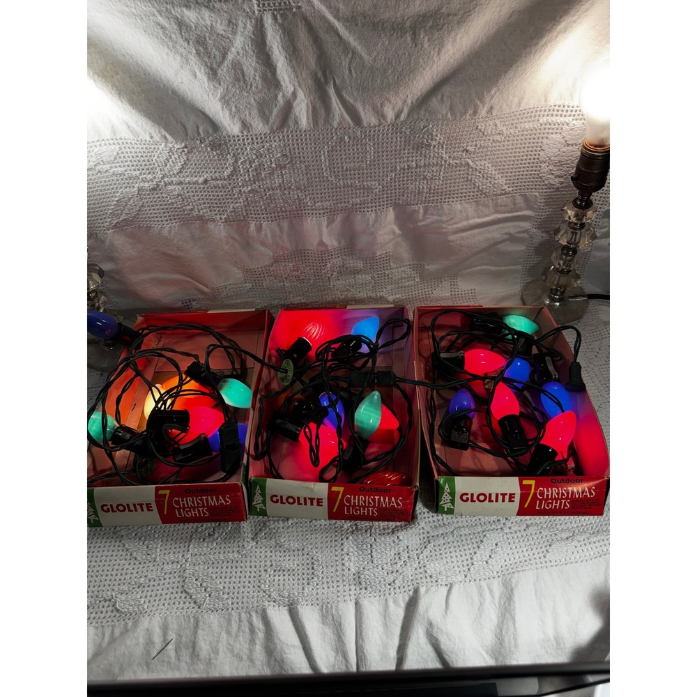 Vintage Glolite Christmas Lights 3 Sets 7 Outdoor Multi Color Bulbs All Working